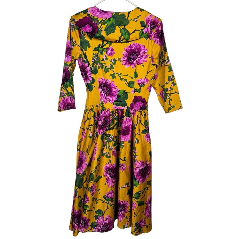 Pinup Couture Dress Womens Small Birdie Swing Skirt Floral Mustard 1950s Glamour - Picture 2 of 9